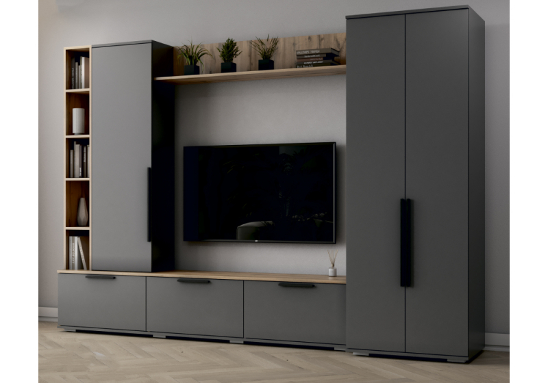 Готовая гостиная Филеста графит / дуб вотан комплектация 1 (267x48,4x186,2). 